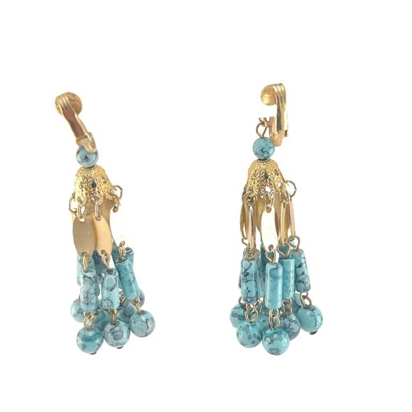 Vintage Turquoise Plastic Clip on Tassel Earrings 3 inch - Picture 4 of 6